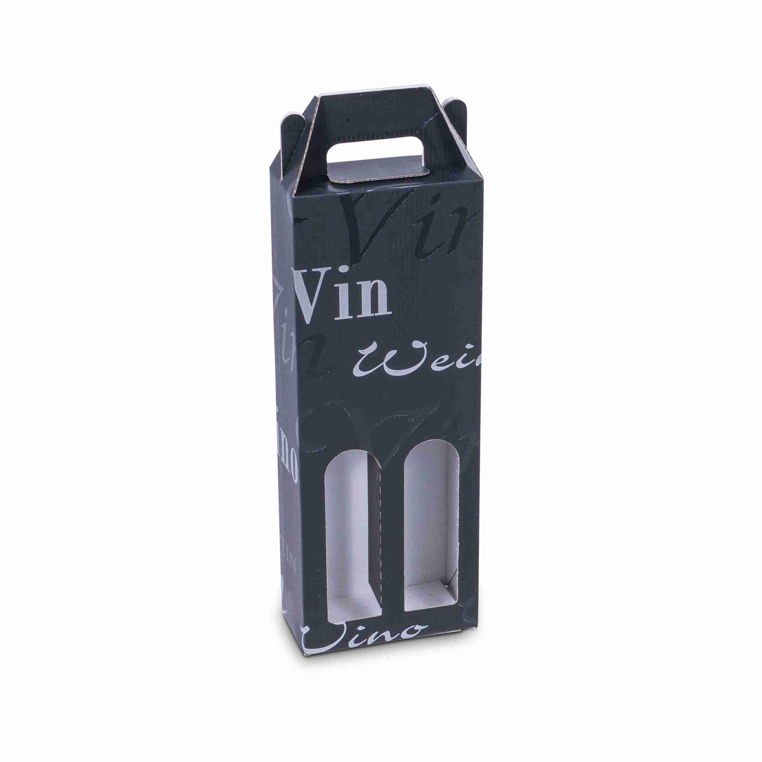 Model Weinpräsentkarton schwarz – Innenmass 354 × 67 × 134 mm – für 2 Flaschen – 1 Palette (280 Stk.)