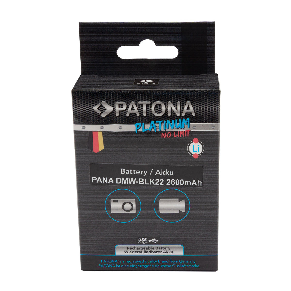 PATONA Platinum Akku DMW-BLK22 – 2600 mAh, 7,2 V, USB-C-Eingang – für Panasonic S5, G9, GH5 und andere – Schwarz