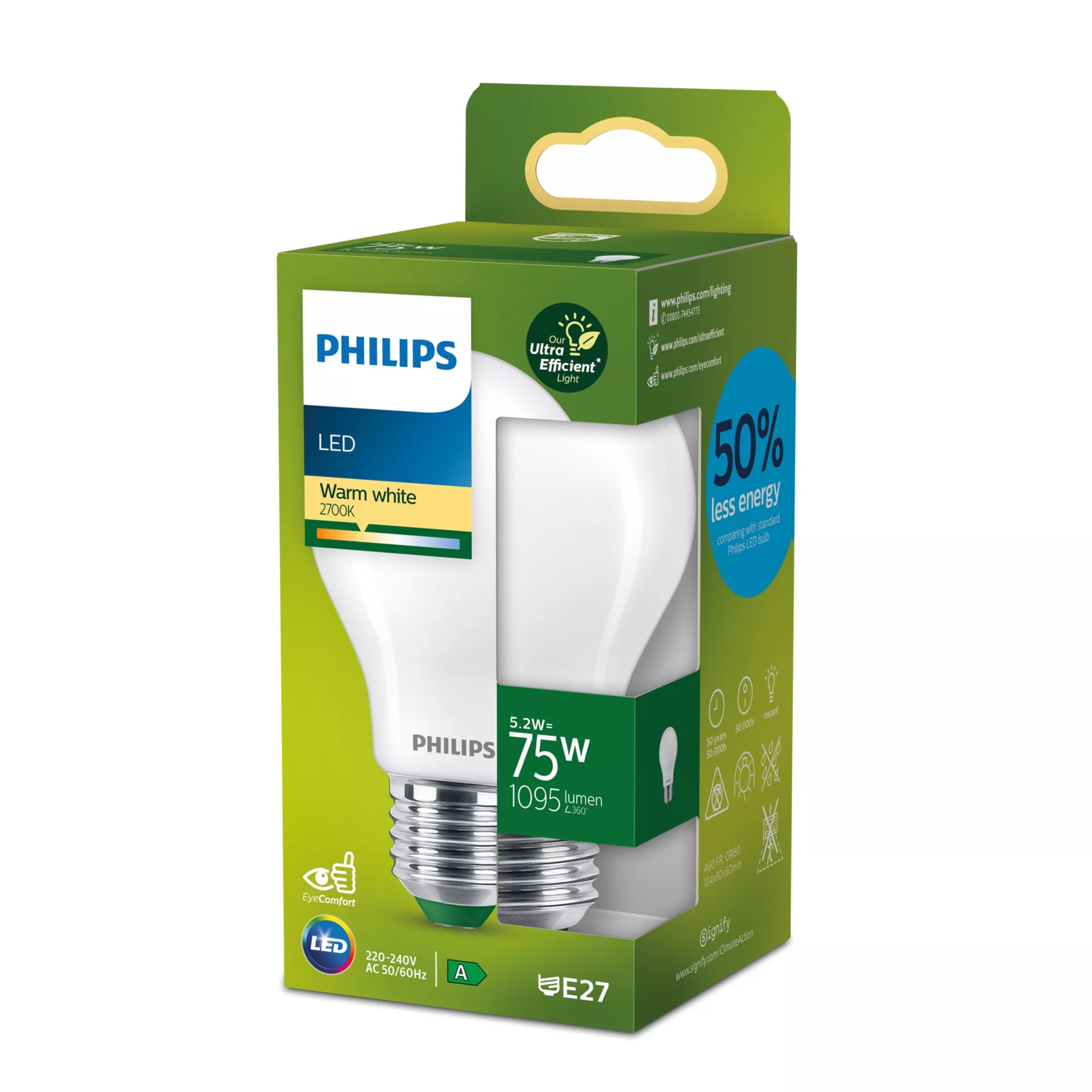 Philips by Signify Philips Leuchtmittel E27 A-Form – Warmweiss 2700 K, 1095 lm, 5,2 W – 1 Stk.