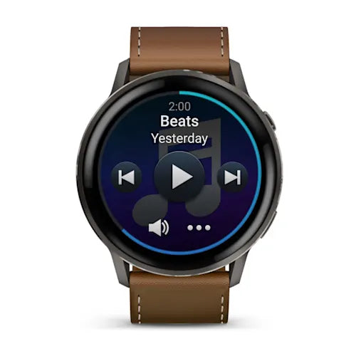 Garmin Venu 4 45 mm GPS – Edelstahl Schwarz, Braunes Lederarmband, 50 m, für iPhone