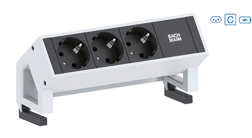 Bachmann DESK 2 Tischsteckdosenleiste – 2×T13, 2×USB‑A, 0,2 m, Kindersicherung, ohne Schalter – Silber