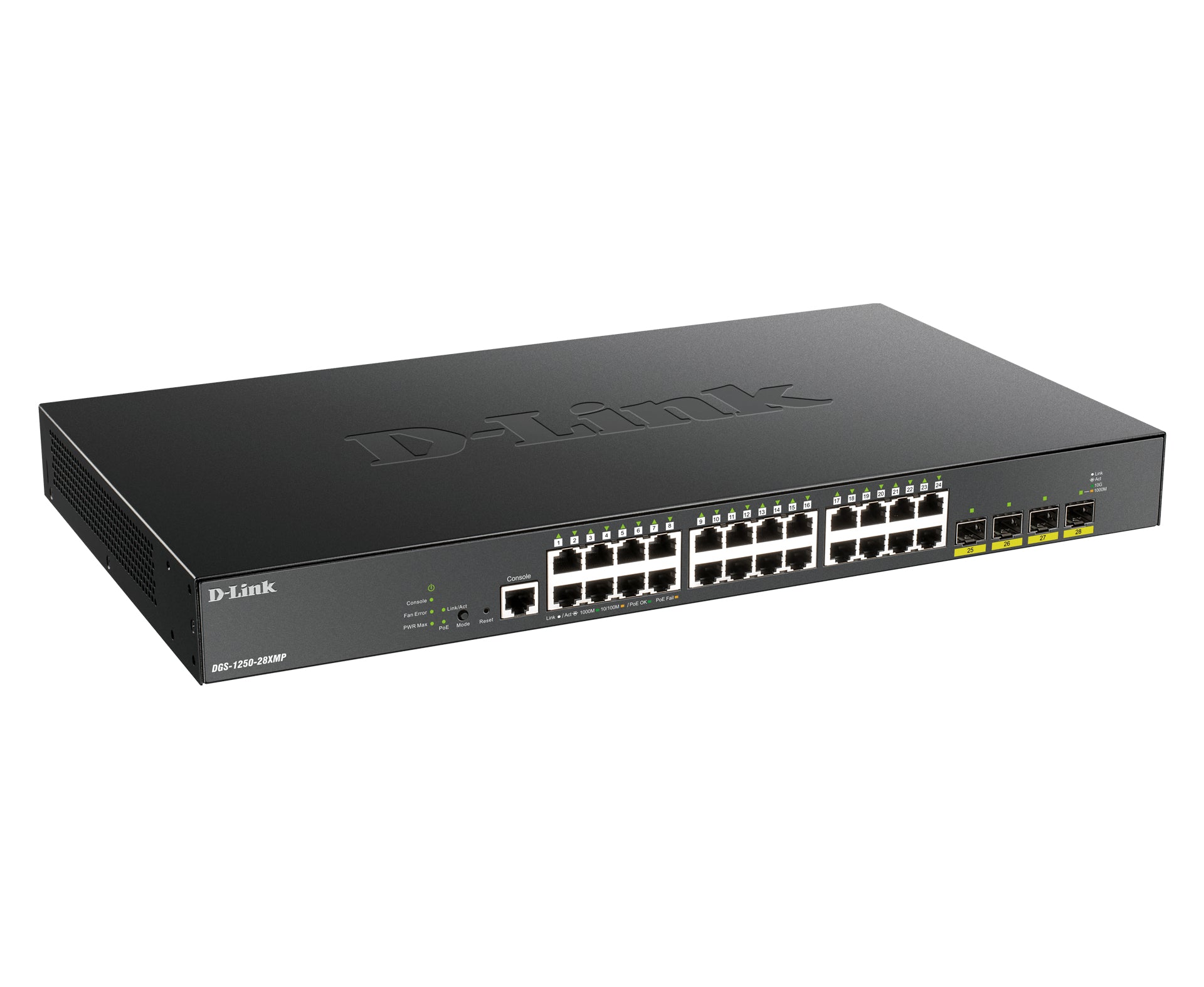 D-Link DGS-1250-28XMP – Managed L3 Switch – 24× 1G, 4× SFP+, PoE+, PoE-Budget 370 W, 19", 1U