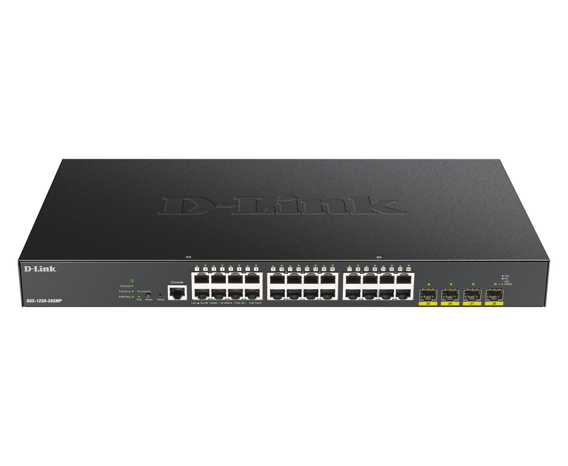 D-Link DGS-1250-28XMP – Managed L3 Switch – 24× 1G, 4× SFP+, PoE+, PoE-Budget 370 W, 19", 1U