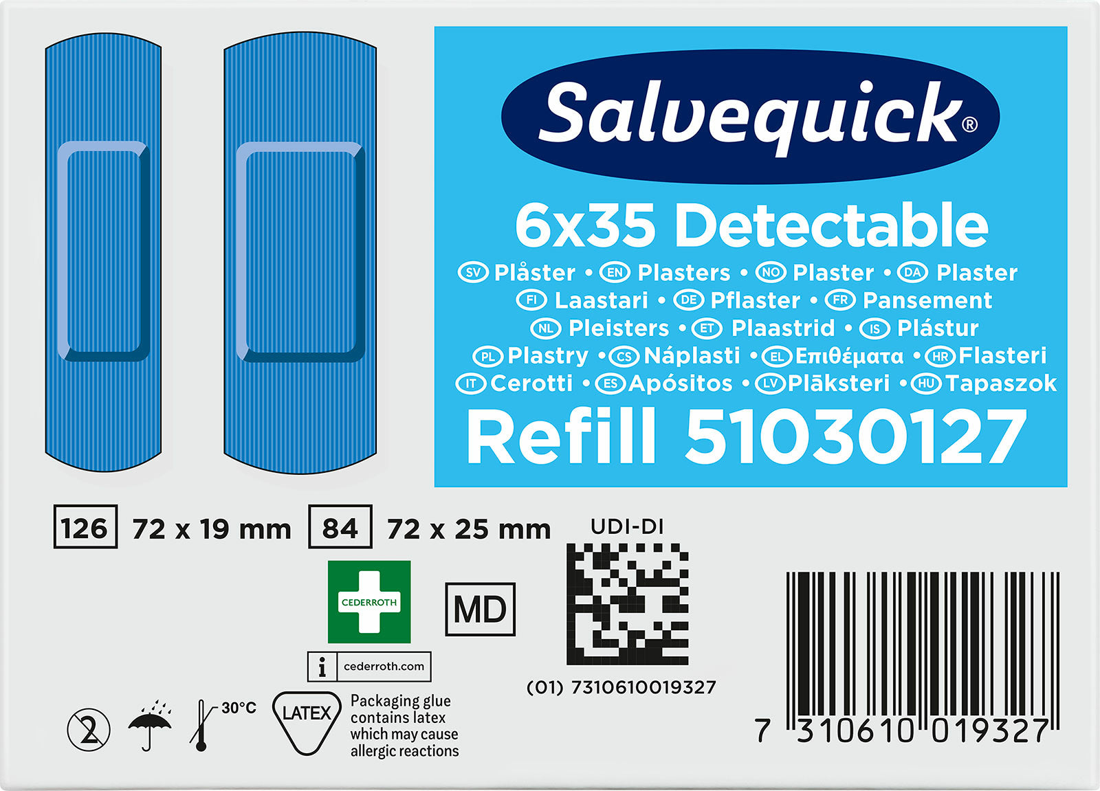 Cederroth Nachfüllpackung für detektierbare Pflaster – 35 Stück, für Salvequick Spender, 72 × 19 mm, 72 × 25 mm