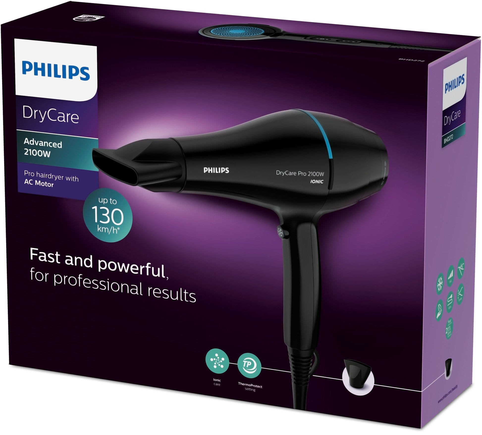 Philips Haartrockner DryCare BHD272/00 – 2100 W, AC-Motor, Ionenfunktion – 1,8 m Kabel – Schwarz