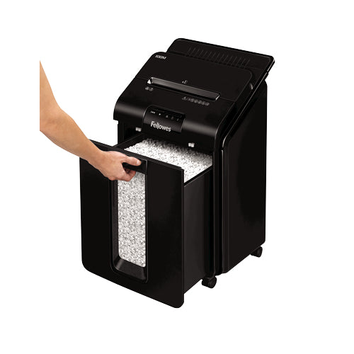 Fellowes AutoMax 100M – Aktenvernichter mit Autofeed 100 Blatt, DIN P-4, Partikelschnitt 4 × 10 mm, 23 l