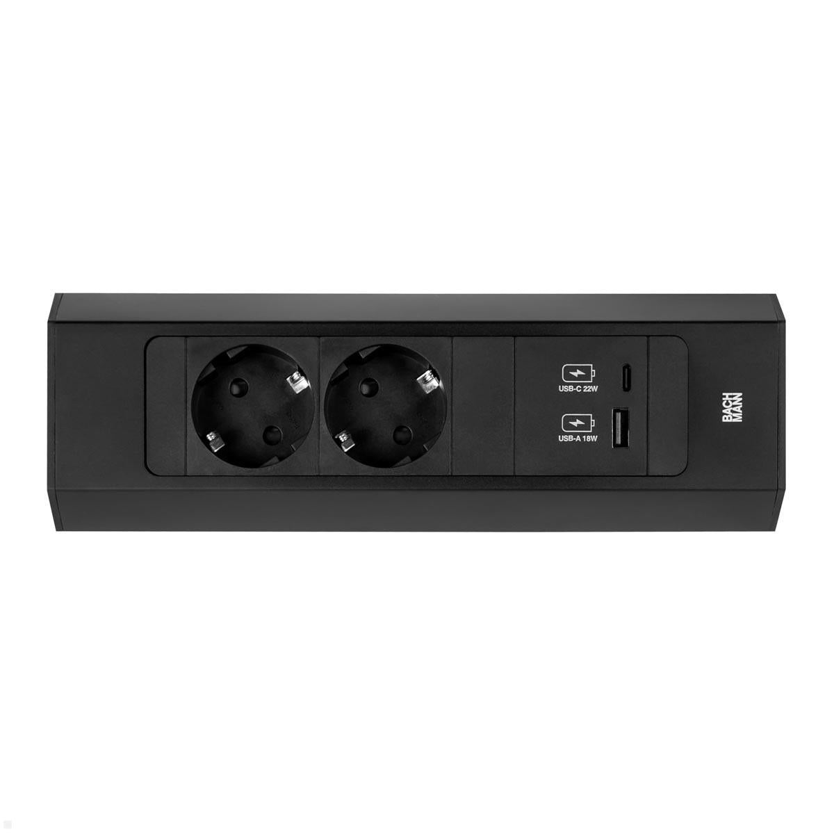 Bachmann CASIA 2 Steckdoseneinheit – 2×Schuko (Typ E/F), USB‑A/USB‑C 22 W, Tisch/Wand, 2,0 m