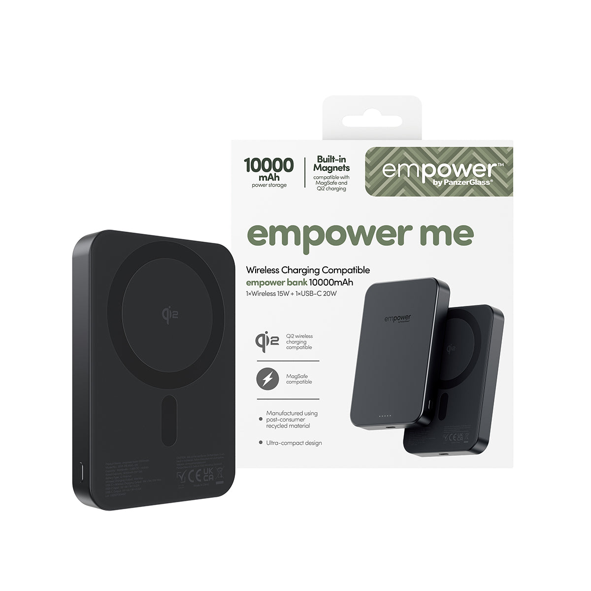 PanzerGlass MagSafe Powerbank 10000 mAh, PD 20 W, 1× USB-C, für iPhone (MagSafe), Schwarz