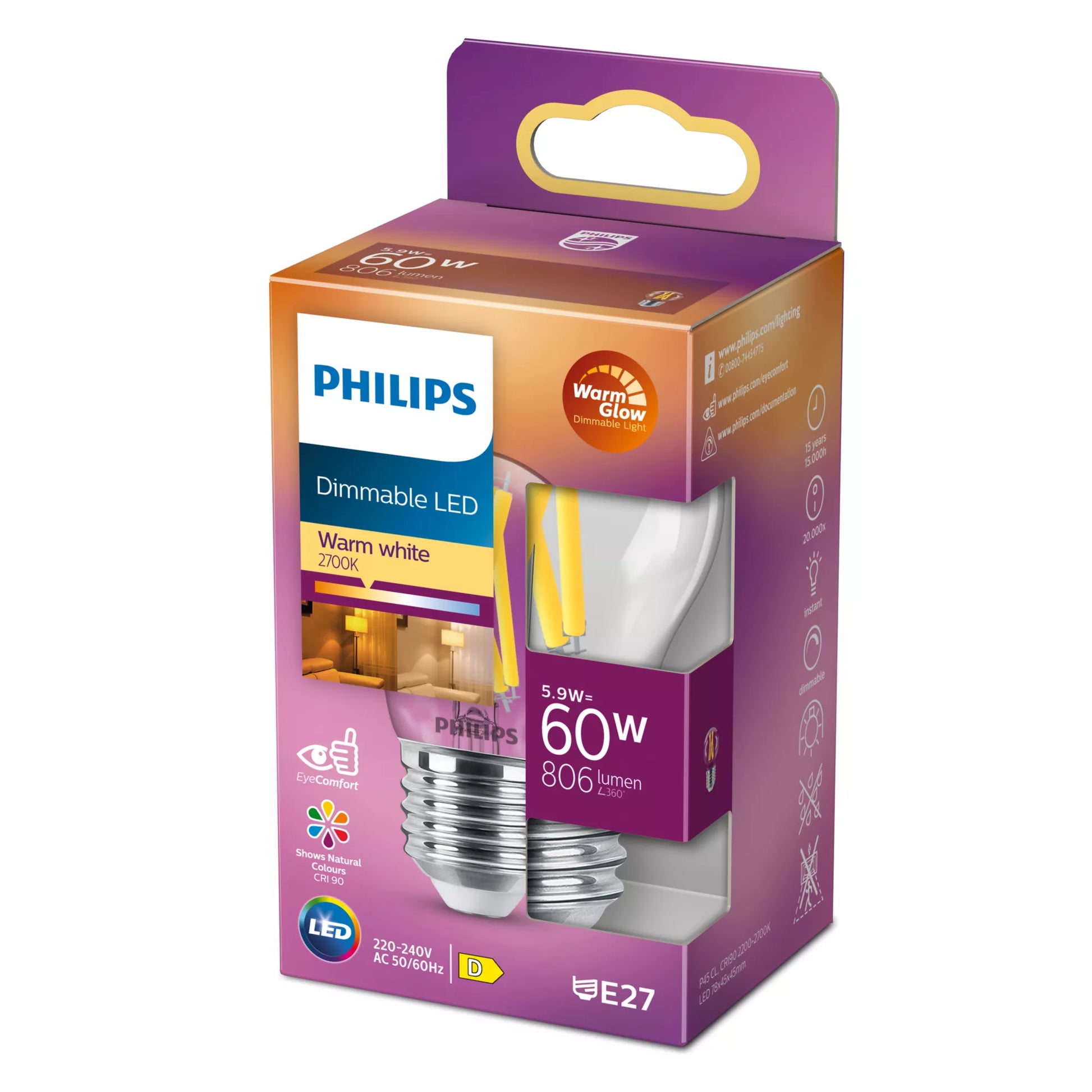 Philips by Signify Philips LED-Leuchtmittel E27 P45 – 806 lm, 5,9 W, Warmweiss 2200–2700 K, dimmbar – 1 Stk., Transparent, Glas