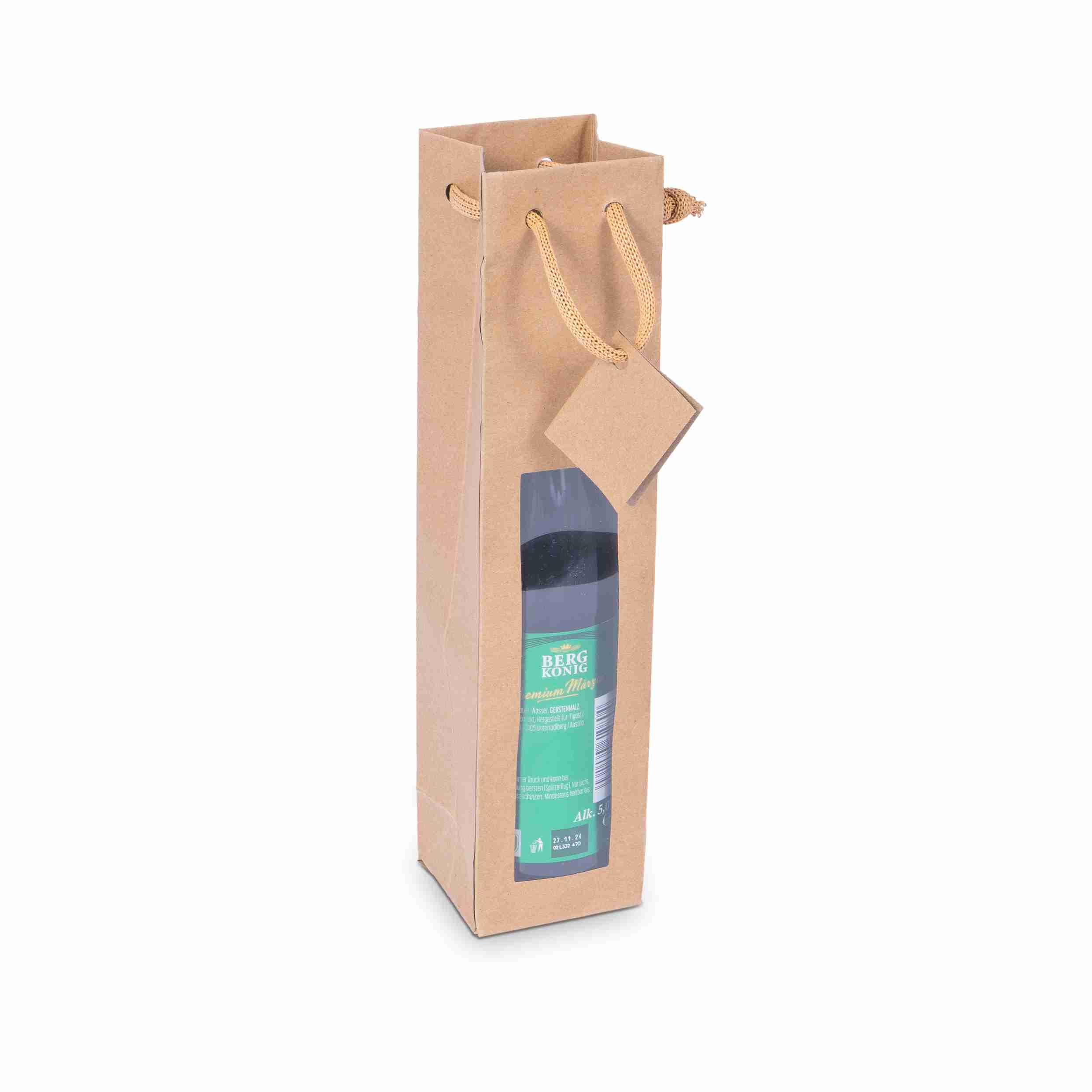 Flaschentüte Kraftpapier natur mit Sichtfenster und Kordel – 72 × 310 × 68 mm – für 1 Flasche – 1 Stk., ab 20 Stk.