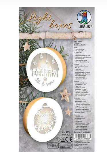 URSUS Light Boxes – Bastelset – Village & Christmas Bauble – Ø 11 cm – 2 Stück – mit LED, batteriebetrieben