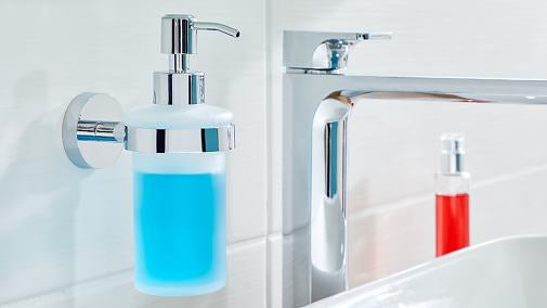 TESA Smooz – Seifenspender, 200 ml, für Seife und Desinfektionsmittel, Wandmontage, Glas, Weiss
