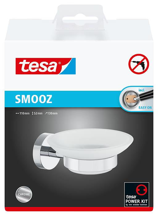 tesa Smooz Seifenhalter – Klebemontage – 11 × 5,2 × 13 cm – Weiss – Glas