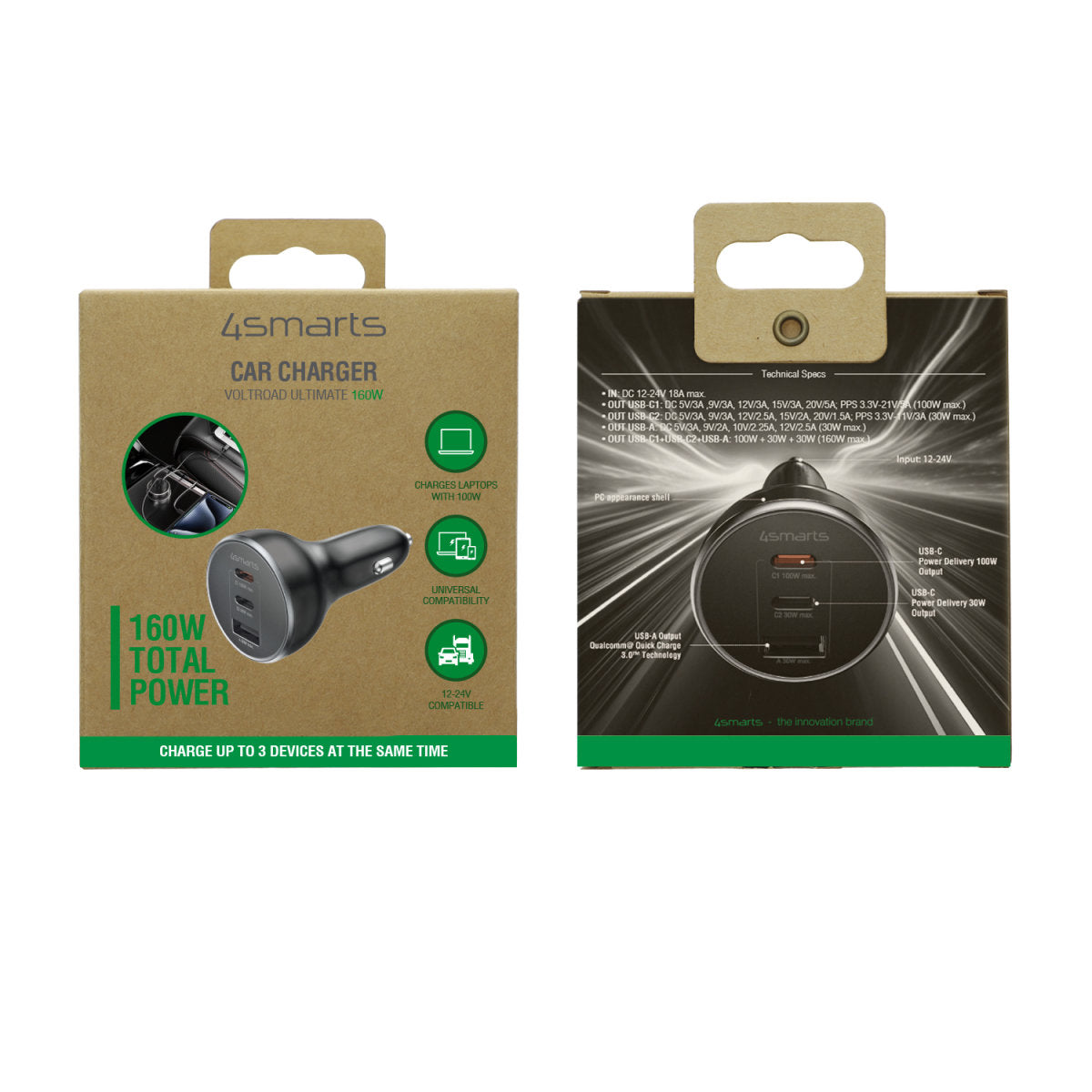 4smarts VoltRoad Ultimate Kfz Ladegerät – 160 W, 2× USB-C + 1× USB-A, PD – für Laptop, Smartphone, Smartwatch