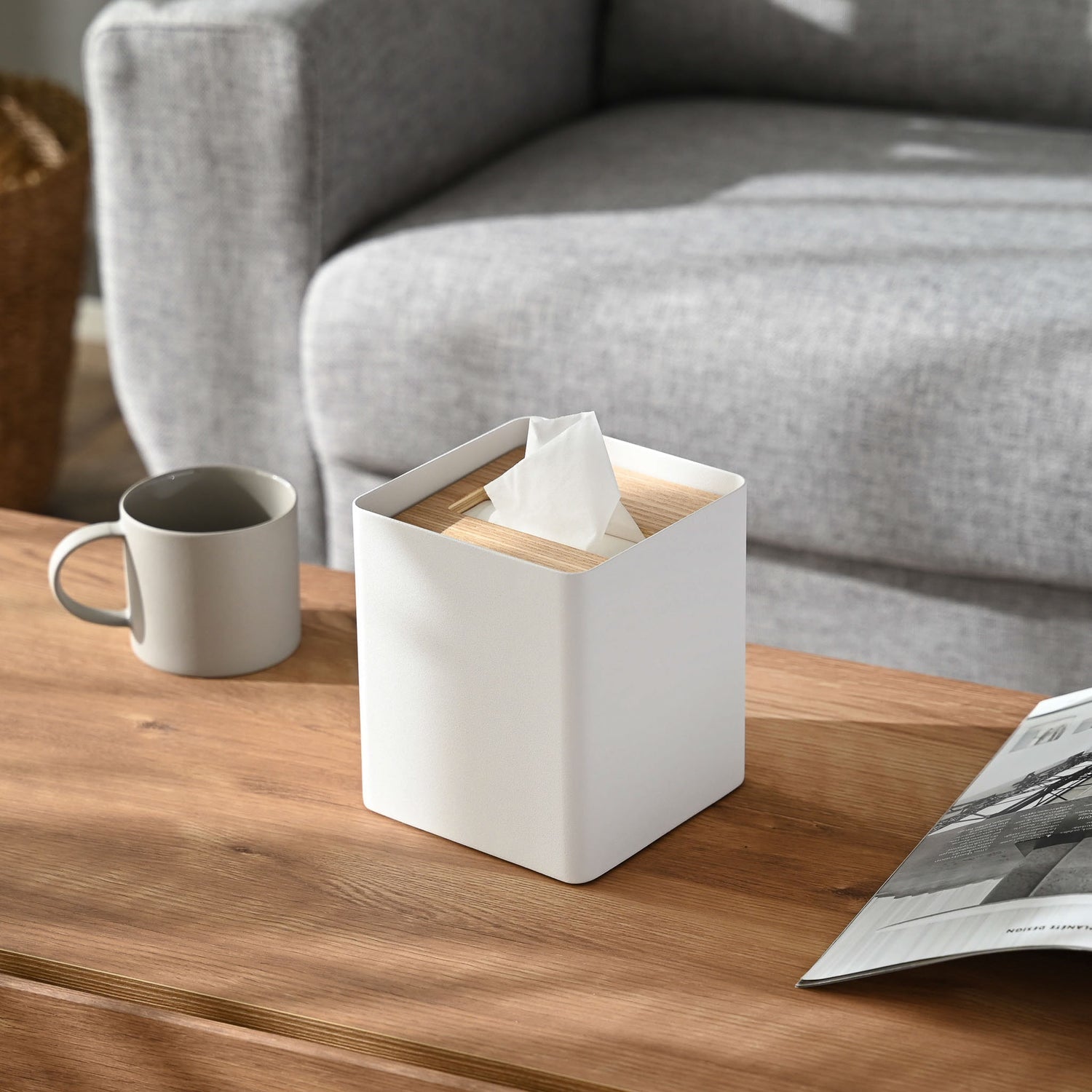 Yamazaki Kosmetiktuchbox – 13×13×15,5 cm, Stahl/Sperrholz, freistehend, Weiss