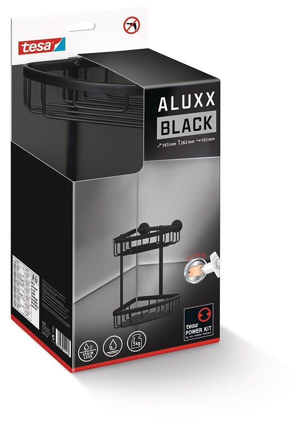 TESA Seifenhalter (Wand) ALUXX BLACK – Aluminium, Wandmontiert, 5 kg, 16,3×16,3×26,2 cm