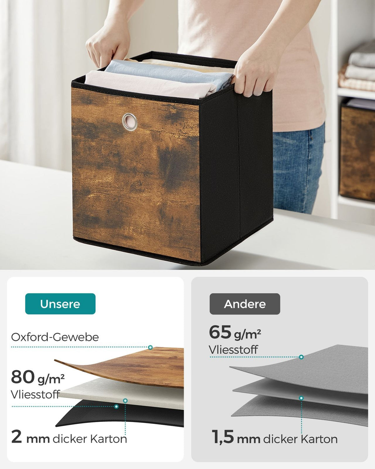 Songmics Faltbox Set 6-teilig – faltbar – Karton/Vliesstoff – braun/schwarz – 280 × 280 × 280 mm
