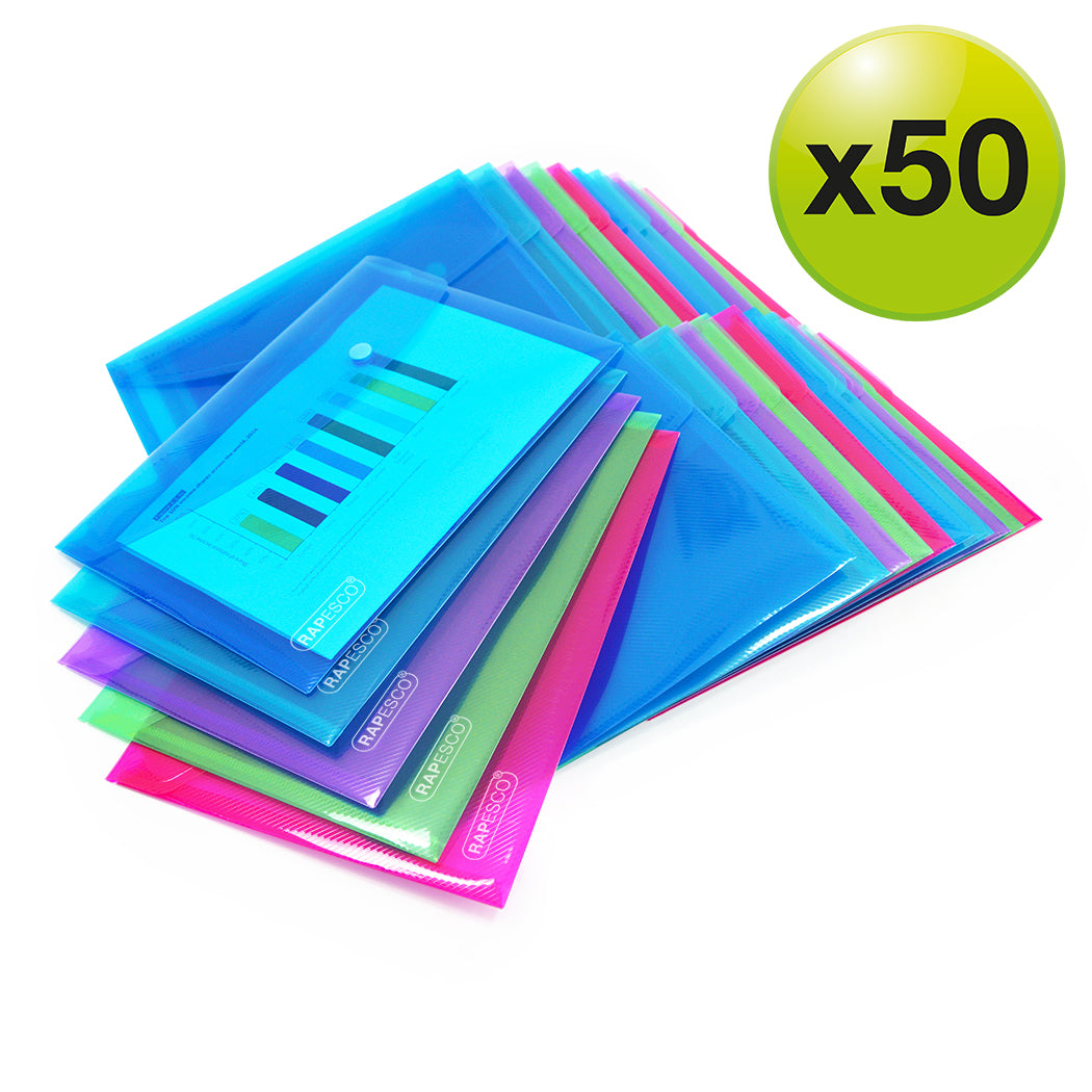 Rapesco Dokumententasche A5, Druckknopf, transparent, assortiert – 50 Stück