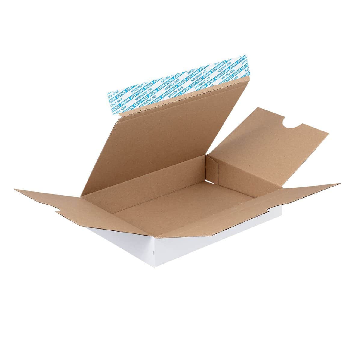 Brieger Aufrichtekarton – 238 × 164 × 40 mm, 1,5 mm, Automatikboden, selbstklebend, weiss, Aufreissband