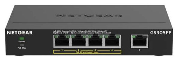 NETGEAR GS305PP-300EUS – Switch – 5×GbE, PoE+ 83 W, Wandmontage, Schwarz