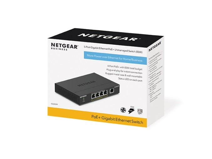 NETGEAR GS305PP-300EUS – Switch – 5×GbE, PoE+ 83 W, Wandmontage, Schwarz