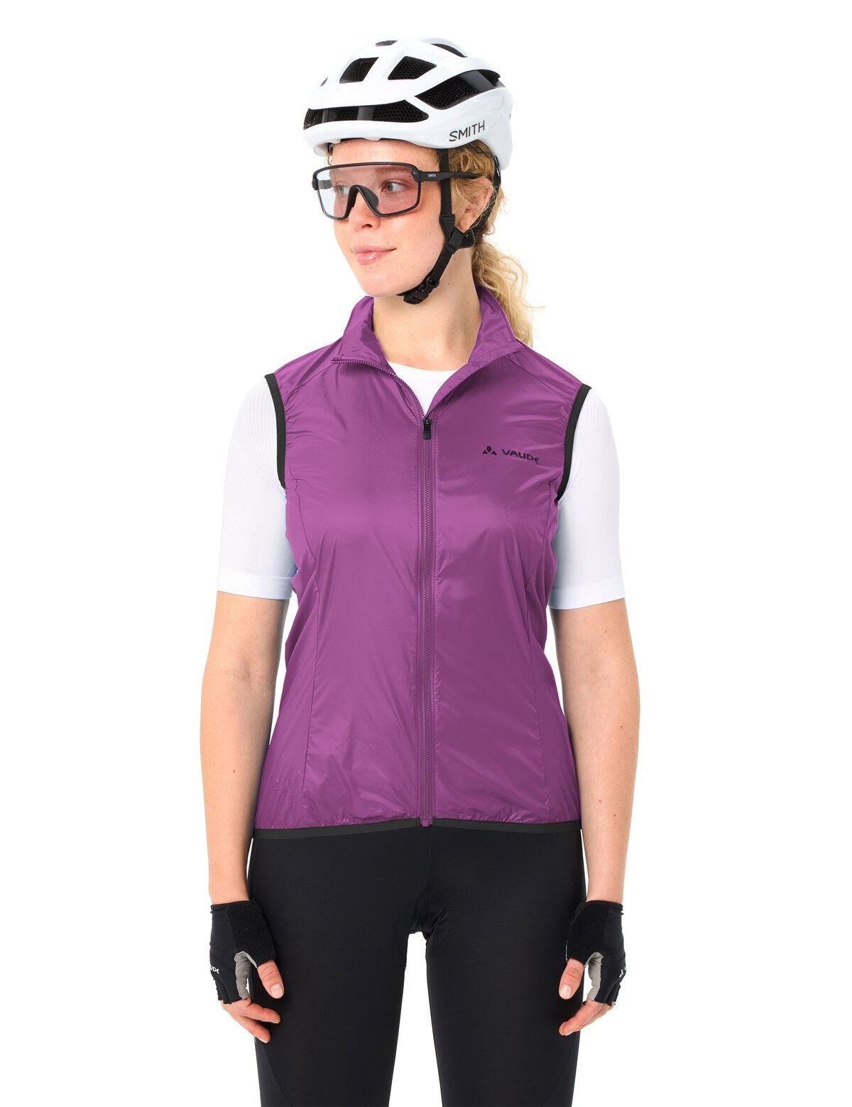 VAUDE Matera Veloweste – Grösse 36 – Magenta, Polyamid (recycelt), winddicht, atmungsaktiv, reflektierend