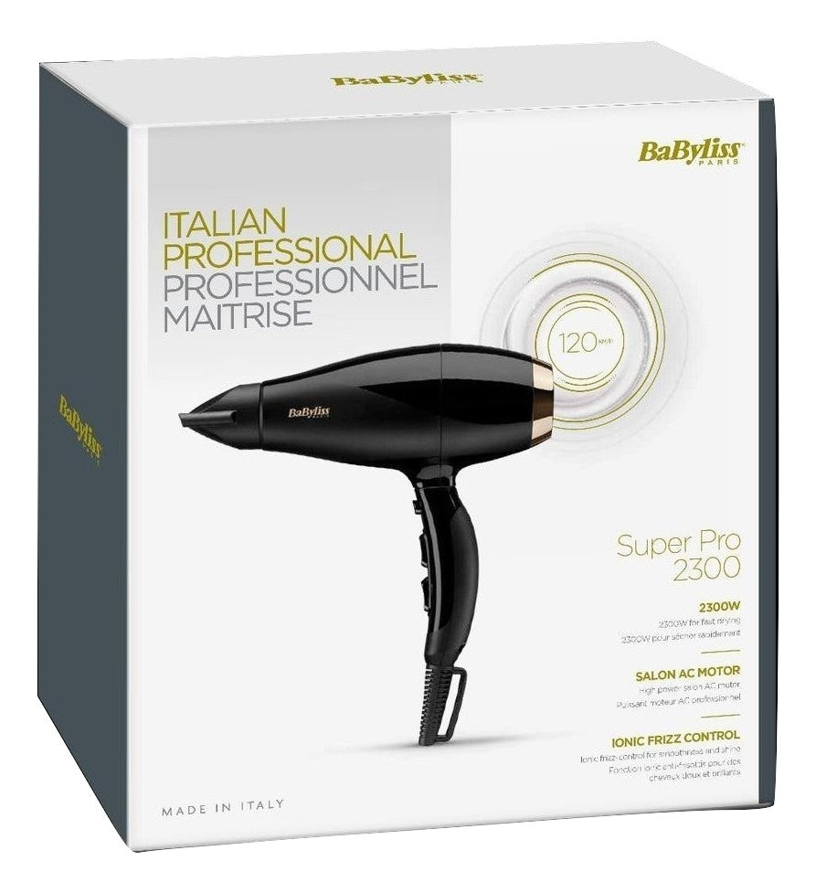 BaByliss Haartrockner Super Pro 2300 – 2300 W, AC-Motor, Ionenfunktion, Diffusor – Schwarz/Gold