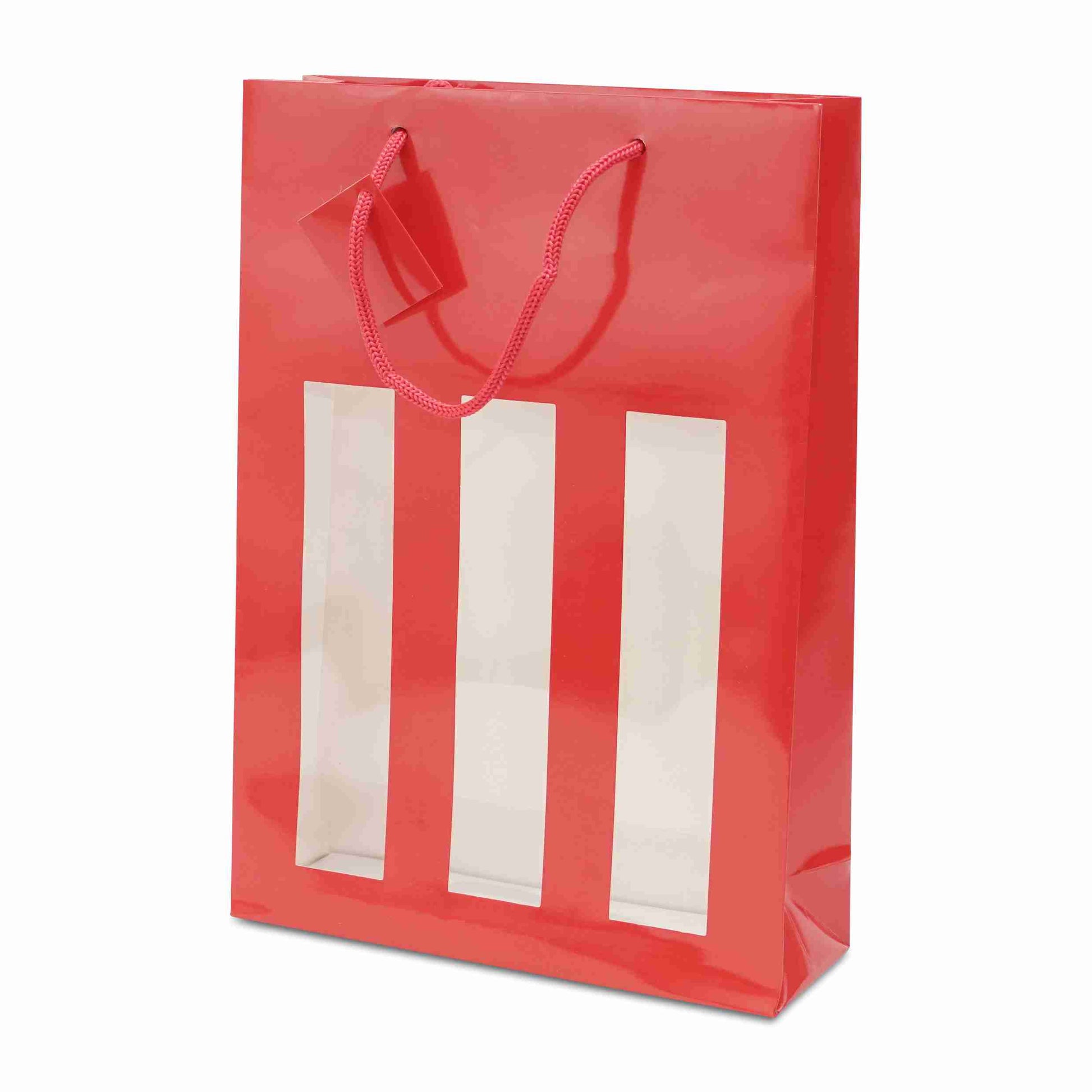 Model Flaschentüte glänzend rot – 270 × 380 × 90 mm – für 3 Flaschen – 1 Stk., ab 20 Stk.