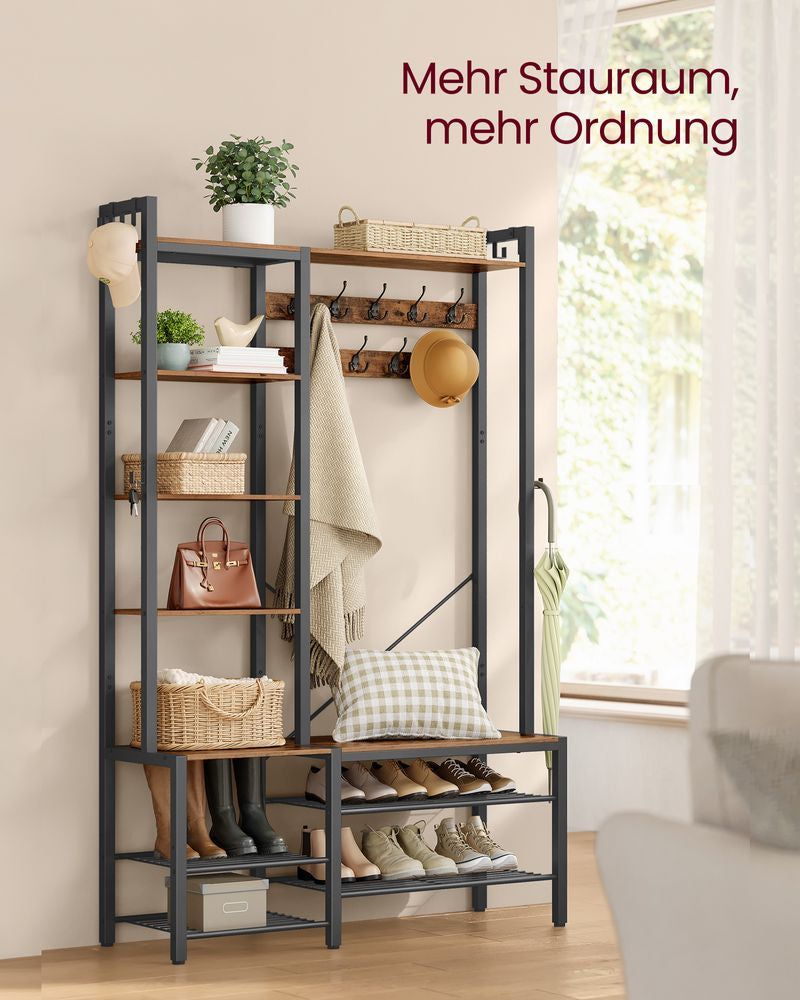 Vasagle Garderobe mit Schuhregal – 9 Haken, mit Ablage, Stahl/Spanplatte, Schwarz/Braun, 120 × 40 × 190 cm