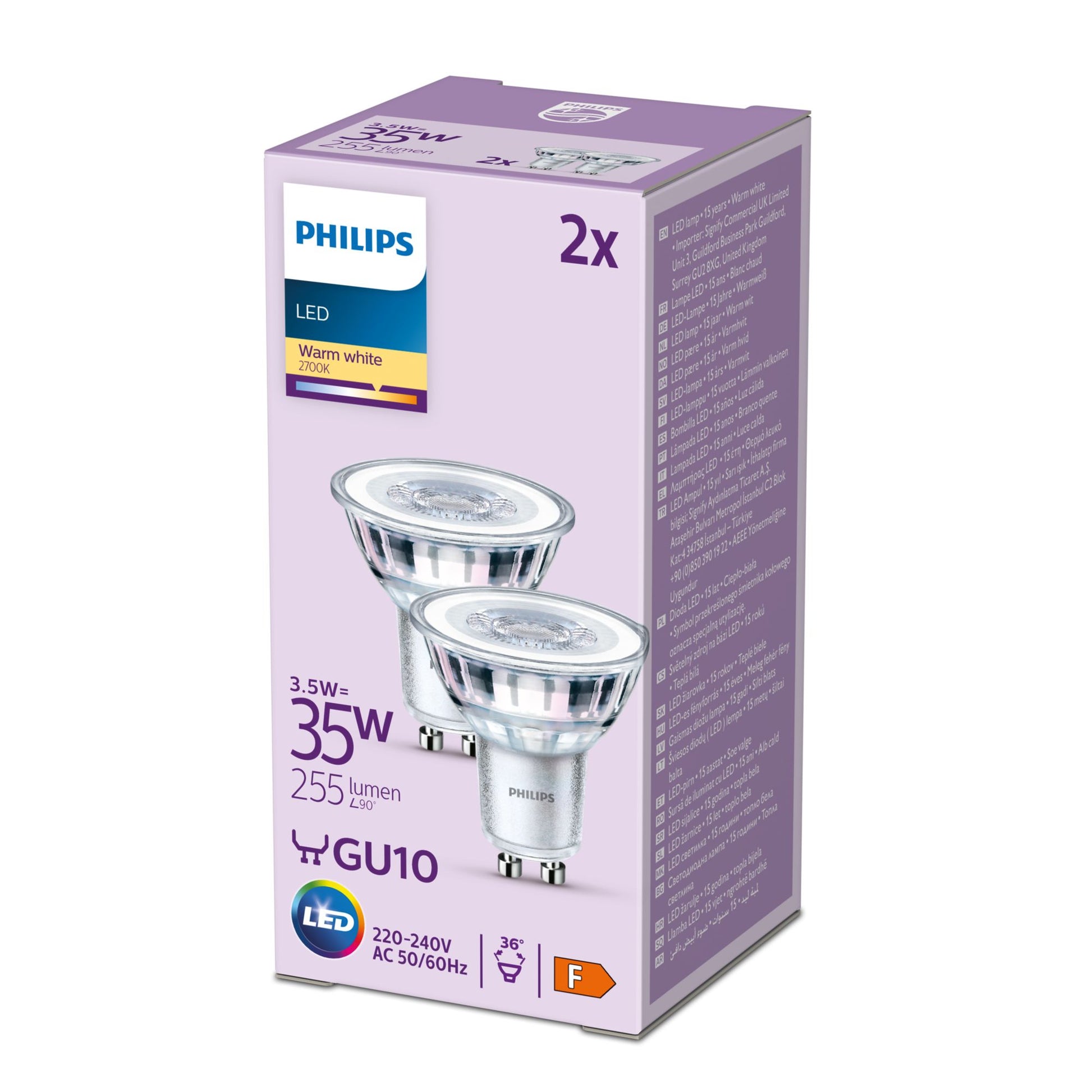 Philips by Signify Philips LED-Reflektor GU10 – 255 lm, 3,5 W, Warmweiss 2700 K, 36° – 2 Stk., Silber, Glas