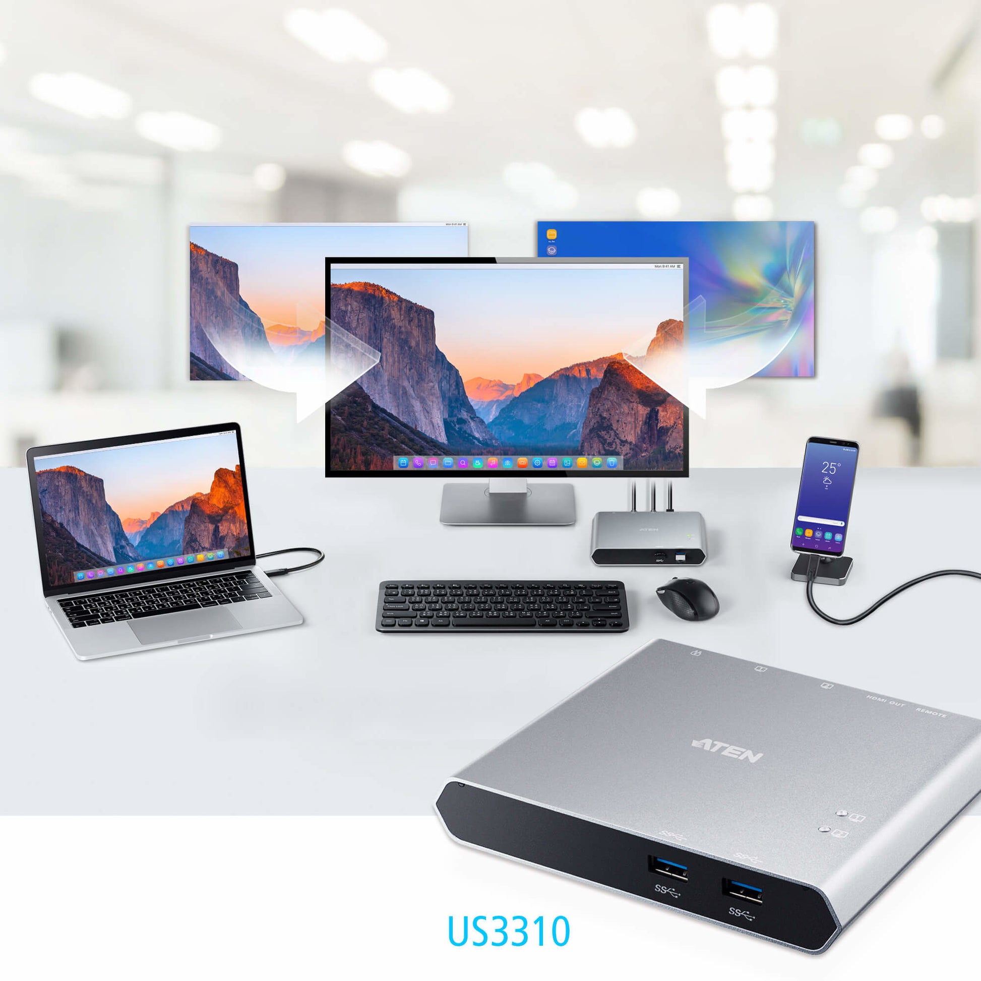 ATEN US3310 Switchbox – USB-C, 1× HDMI, 2× USB-A, 85 W PD, für Windows/Mac/Android