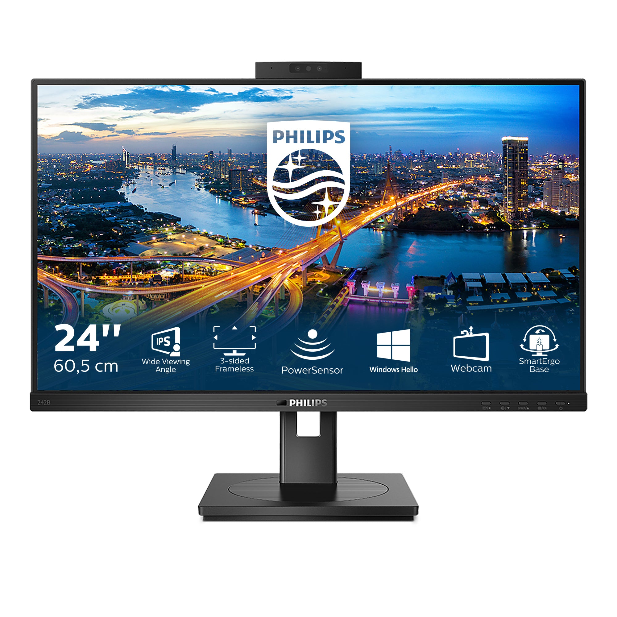 Philips 242B1H/00 – Monitor, 23,8", 250 cd/m², Webcam, Lautsprecher, Adaptive Sync, VESA 100 × 100, Schwarz