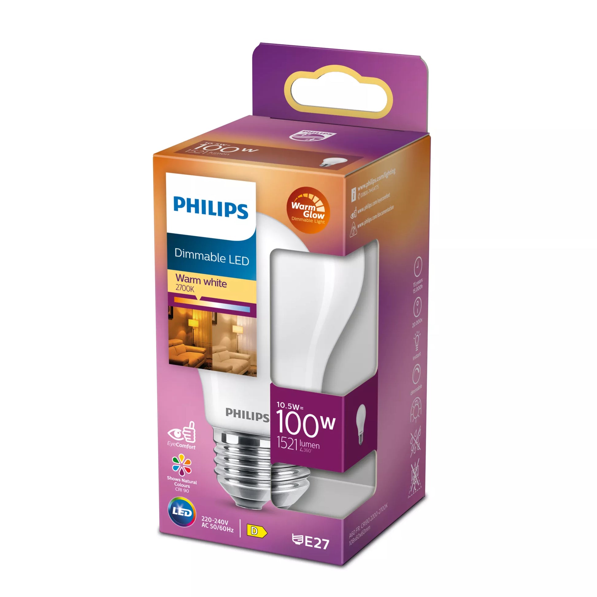 Philips by Signify Philips LED-Leuchtmittel E27 A-Form – 1521 lm, 10,5 W, Warmweiss 2200–2700 K, dimmbar – 1 Stk., Weiss/Glas