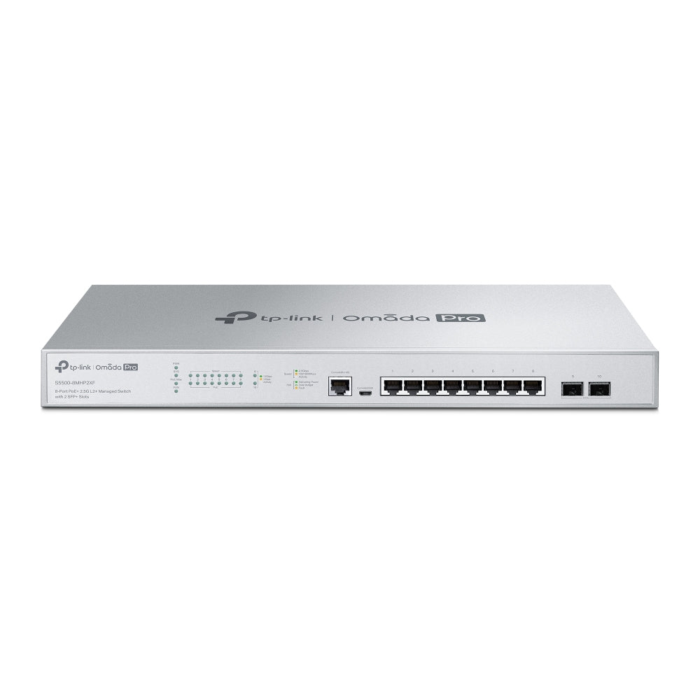 TP-Link S5500-8MHP2XF – Managed L2/L3 Switch – 8× 2,5G, 2× 10G RJ-45, 2× SFP+, PoE+, PoE-Budget 240 W, 19"