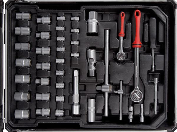 Toolland Werkzeugkasten, silber, Ausziehgriff, 2 Rollen, 4 Fächer, bestückt, 260-teilig