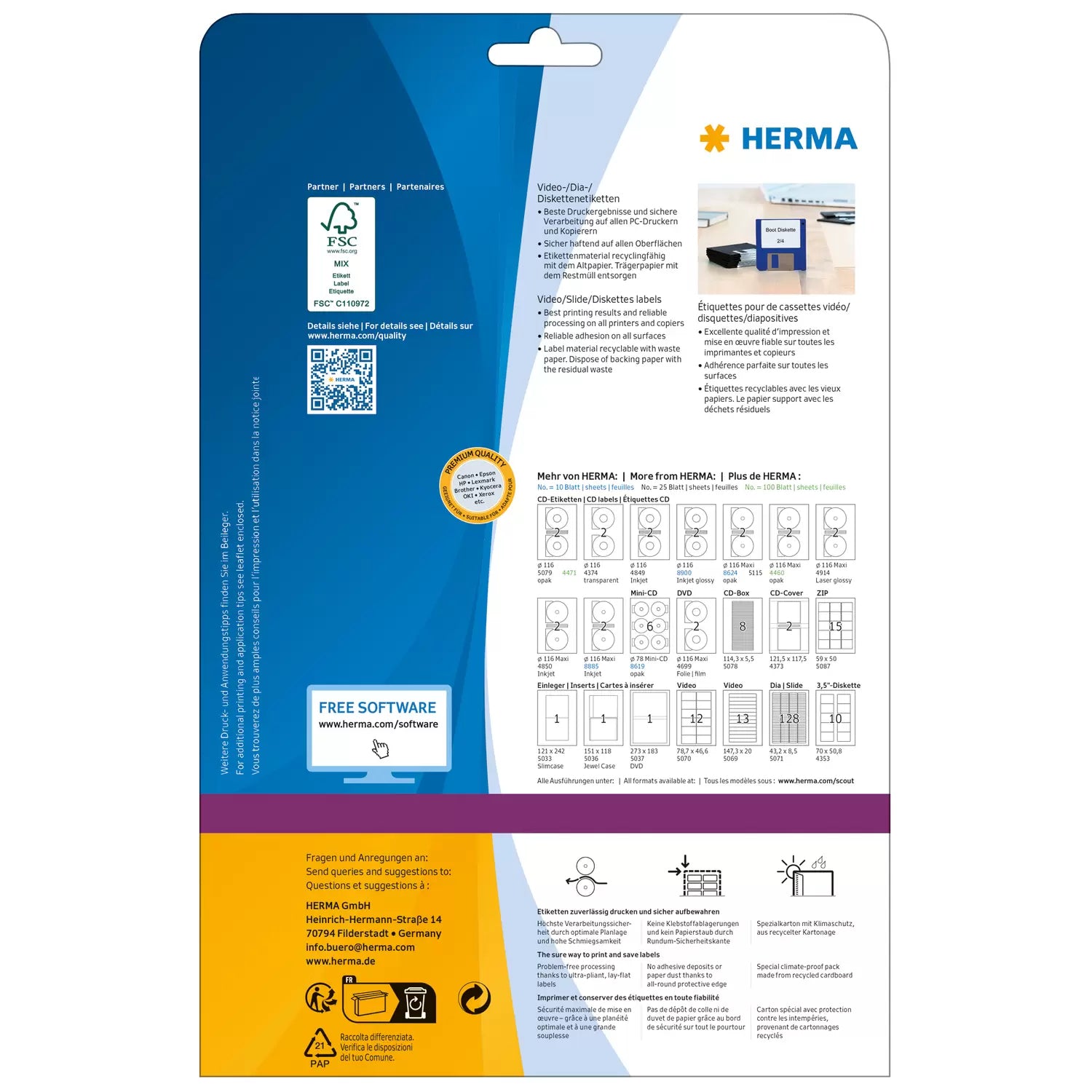 HERMA Drucketiketten, 59 mm × 50 mm, weiss, Papier, permanent, 25 Blatt (375 Etiketten)