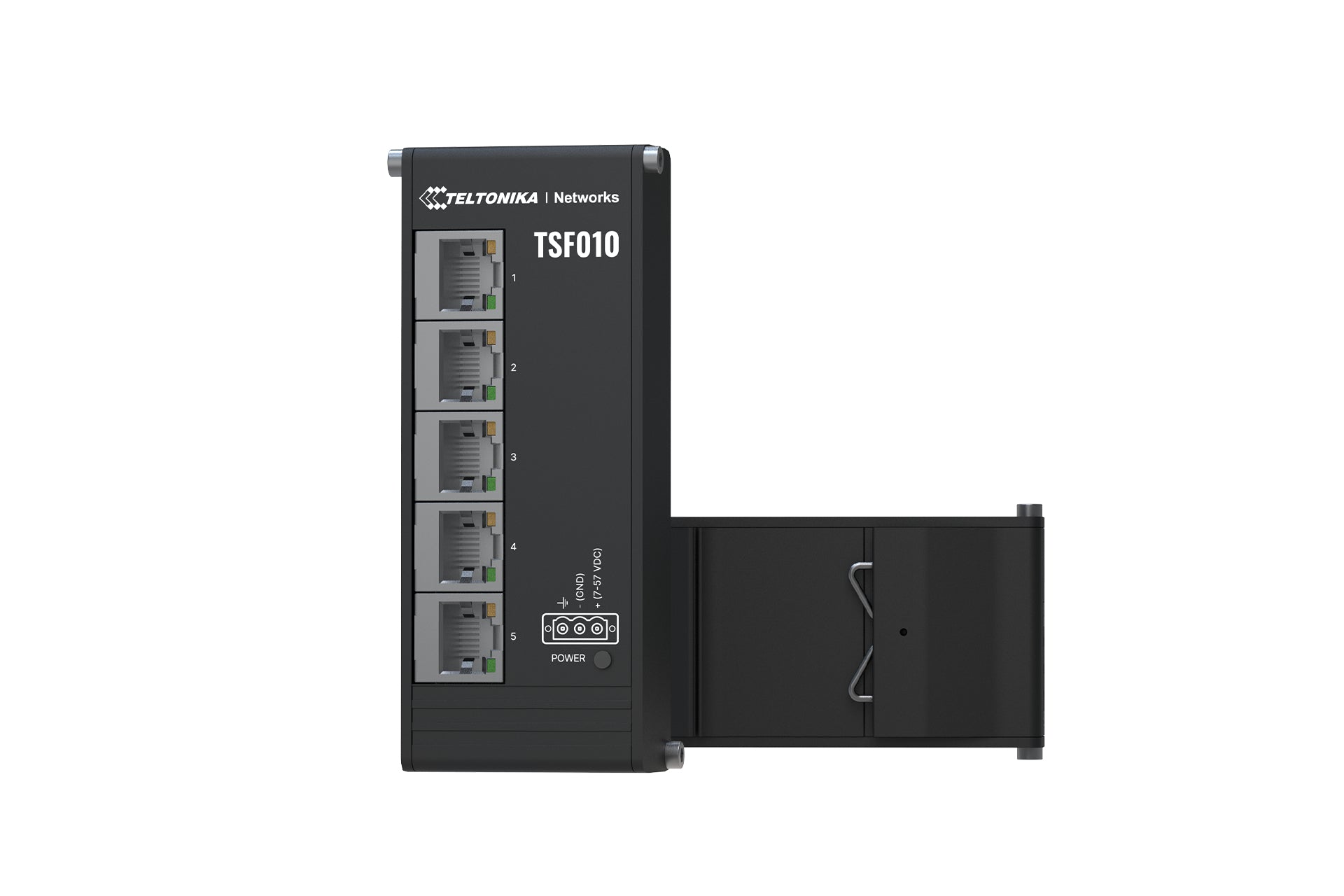 Teltonika TSF010 – Switch – 5×Fast Ethernet, DIN-Schiene, Schwarz