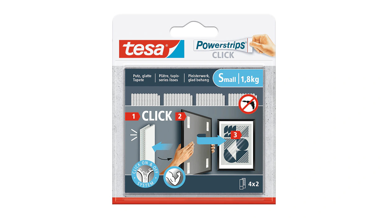 TESA Powerstrips Click Montagepad Small – 120 × 1 mm, weiss, bis 1,8 kg, 8 Stk., für Innen