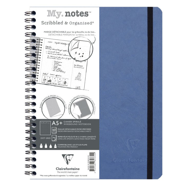 Clairefontaine Notizbuch – A5+ – punktiert 5 mm – 120 Seiten – 90 g/m² – Doppelspirale, blau, PEFC
