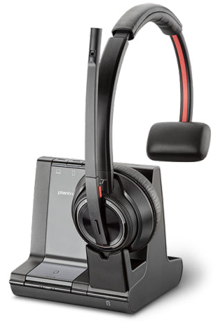 POLY Savi 8200 Serie Office-Headset – On-Ear, Mono, DECT + BT, mit Basisstation, Schwarz/Grau