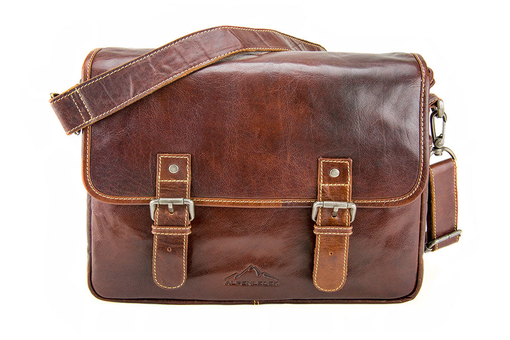 Alpenleder Reporter Schultertasche – Leder, 340 × 260 × 100 mm – Braun