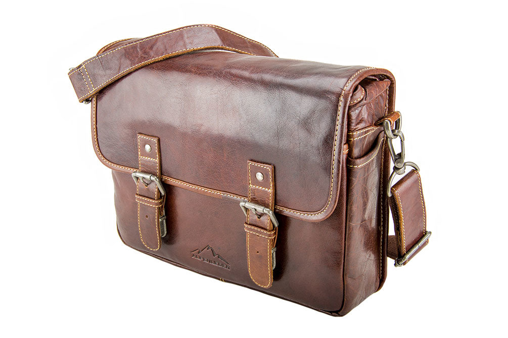 Alpenleder Reporter Schultertasche – Leder, 340 × 260 × 100 mm – Braun