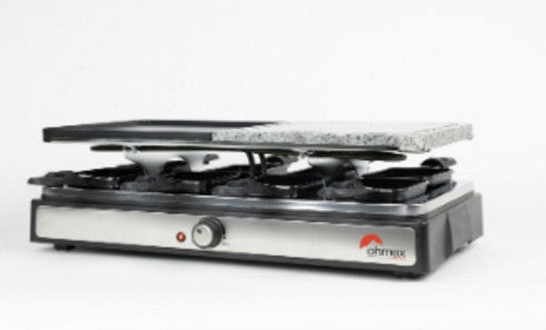 Ohmex Raclette-Grill OHM-RCL-4180 – 8 Personen, Grill, 1 400 W, Aluminiumguss/Stein – Schwarz/Edelstahl