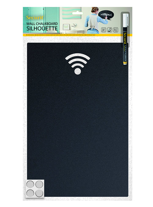 Securit Silhouette-Kreidetafel WIFI – 250 × 380 mm – Melamin, schwarz – inkl. Kreidestift, Wandmontageset