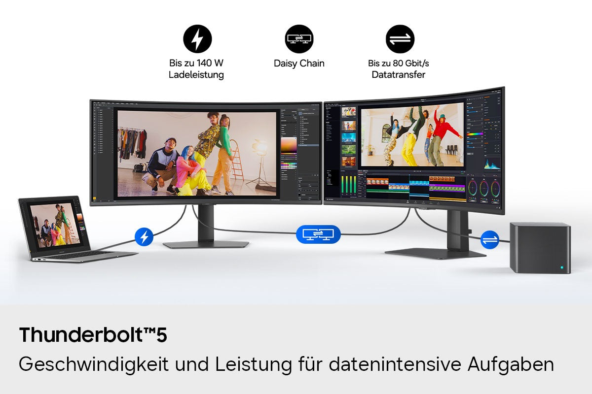Samsung S85Th – 40" Curved, 5120 × 2160, VA, 144 Hz, USB-C 140 W, KVM, LAN, HDR10+