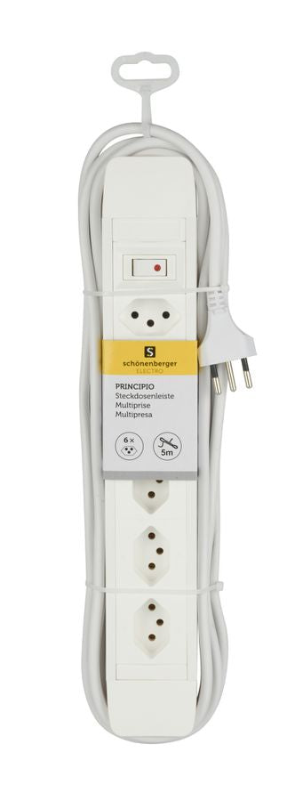 M. Schönenberger Schönenberger PRINCIPIO Steckdosenleiste, 6×T13, mit beleuchtetem Schalter, 5 m, Eingang T12, IP20 – weiss