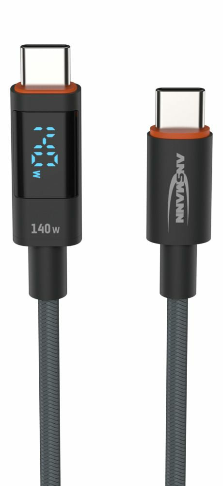 Ansmann USB-C auf USB-C Kabel – USB 2.0 (480 Mbit/s) – 2 m – PD 140 W – LED-Display – Anthrazit
