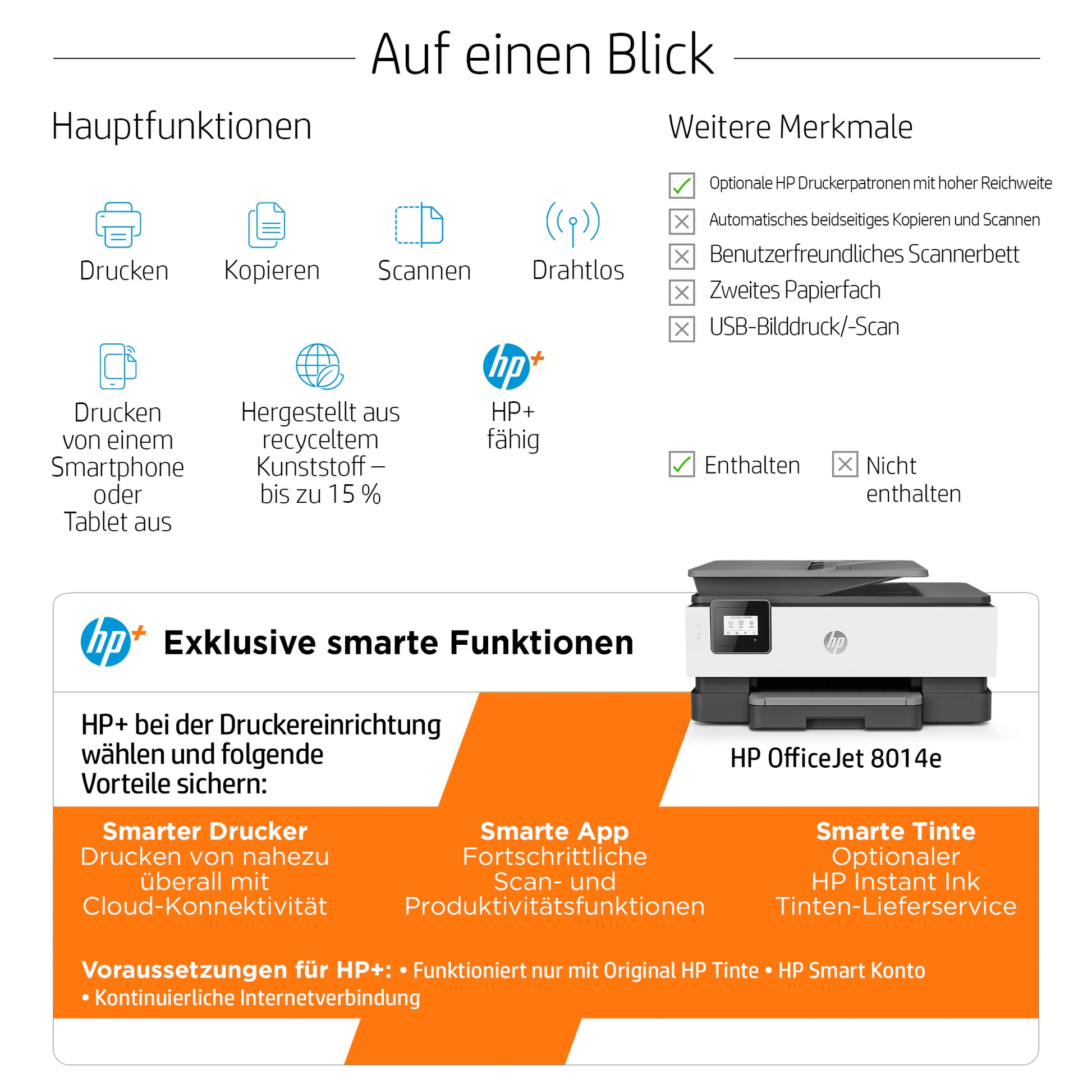HP OfficeJet 8014e – Farbtintenstrahl-Multifunktionsdrucker, A4, 3-in-1, Duplex, ADF, WLAN, AirPrint, Mopria