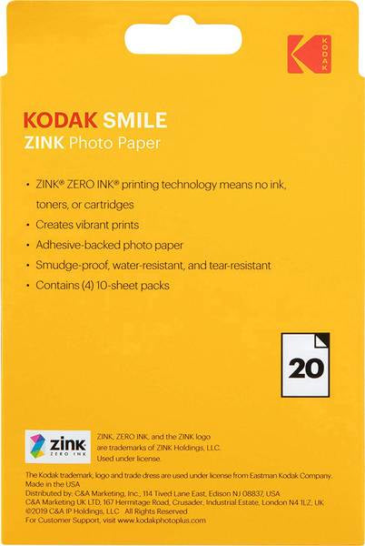 Kodak Smile Sofortbildfilm – 76 × 102 mm, 20 Blatt – für Kodak Smile Classic