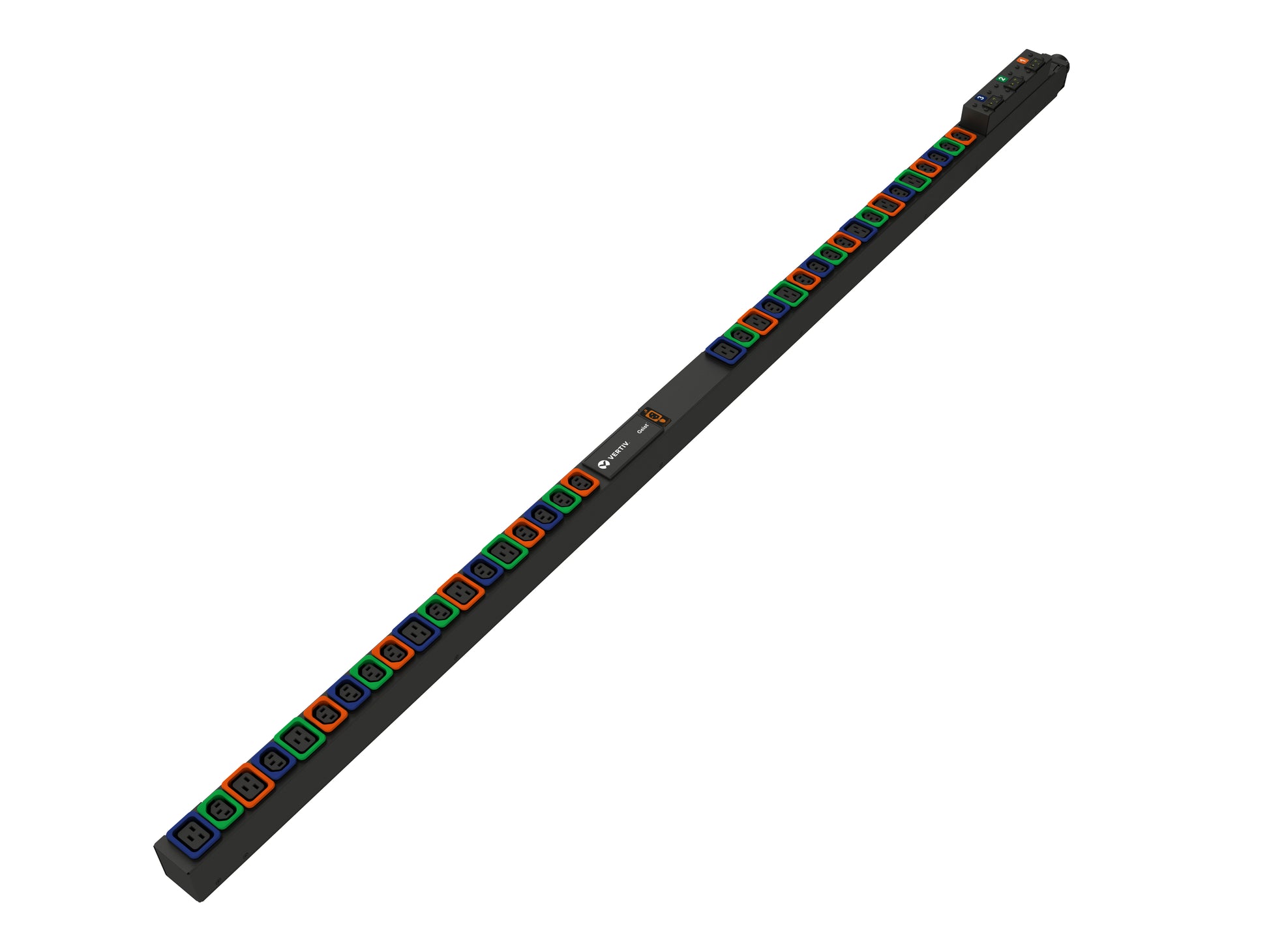 Vertiv U1072L PDU 11,0 kVA – 36 AC-Ausgänge (C13/C19-Koppler), Eingang 230/400 V 16 A – 0U senkrecht – schwarz